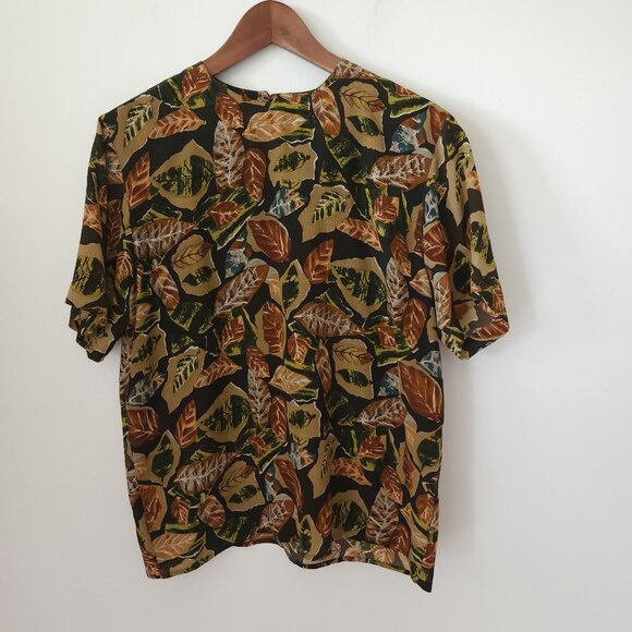 Vintage Marguerite Li 100% Silk Green Brown Leaves Pattern Short Sleeve Shirt - Picture 1 of 7
